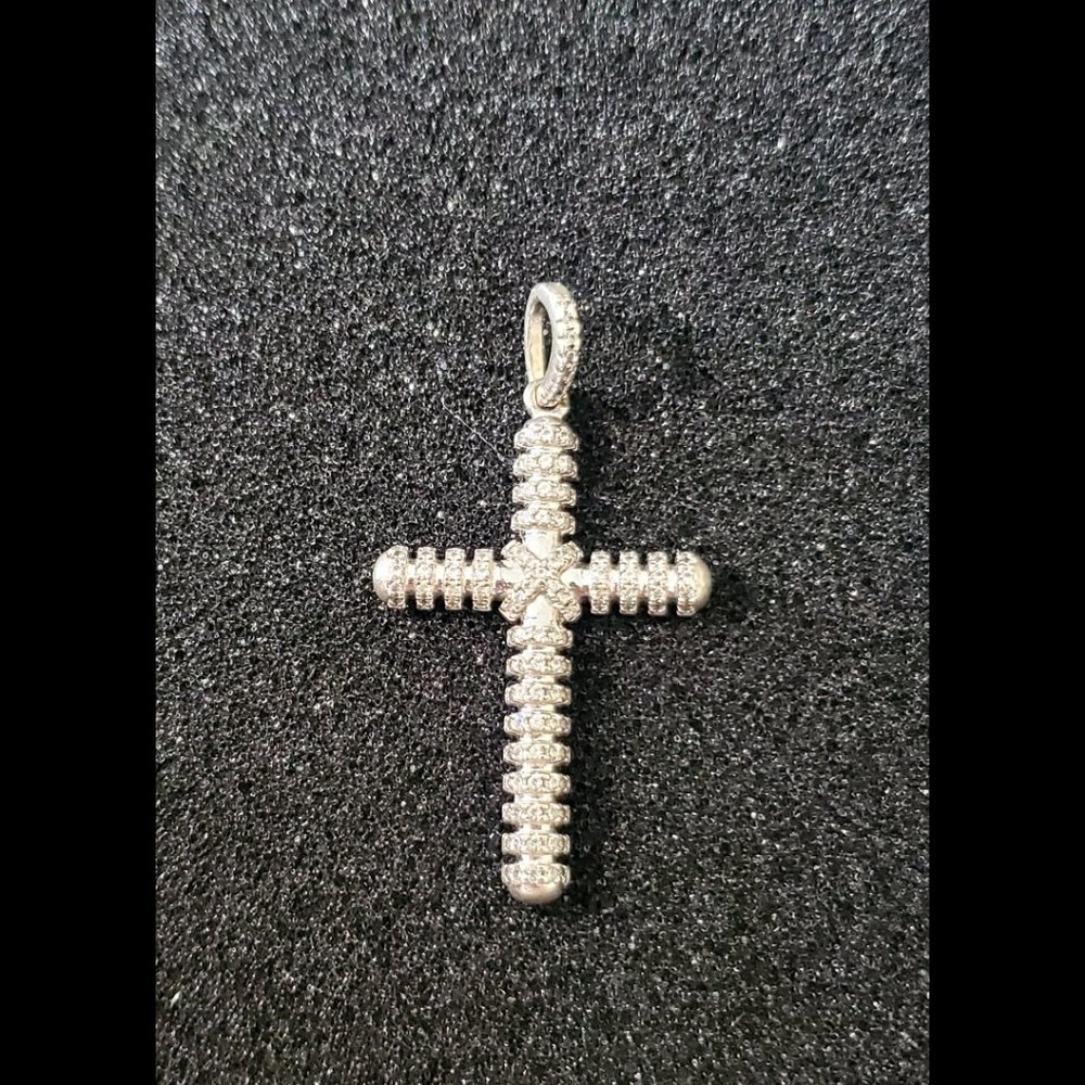 Men Women 925 Sterling Silver Micro Pave Cubic Zirconia Cross Pendant - Picture 2 of 11